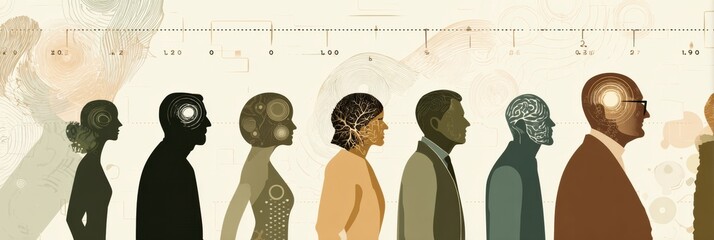 A timeline showing the evolution of vision correction methods alongside silhouettes of aging humans at various life stages.
