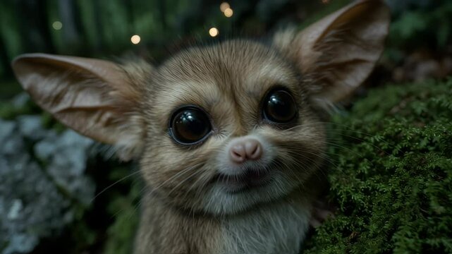 Furry fennec fox peers from verdant forest floor.