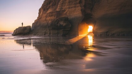 Dawn reflection at coastal cave with silhouette of person on cliff