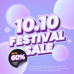 10.10 Festival October Shopping day Sale discount deals Editable text with soft blue violet gradient 3d bubbles circle Promotion marketing banner