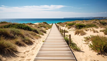 Fototapeta premium Long narrow wooden path through sandy dunes leading to turquoise ocean. 