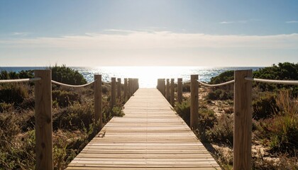  Narrow natural wood path lit by sun, sea at the end of frame. Sharp photo, minimalism.