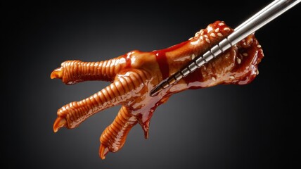 Close-up of chicken foot in spicy sauce held by chopsticks