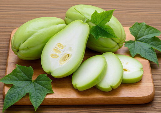 Fresh chayote squash with leaves on wooden board