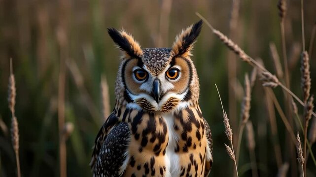 Captivating close up reveals the intricate details of a Long Eared Owl's face, its dark eyes and striped feathers set against twilight reeds.