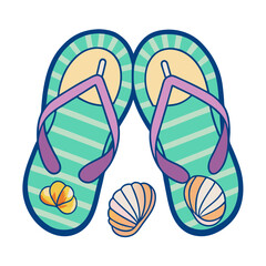 Striped flip flops and seashells for a perfect beach day