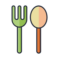 Simple flat design illustration of a green fork and a colorful spoon