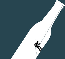 A man hiking to inside alcohol bottle to reach the top, illustration about trying to get rid of alcohol addiction