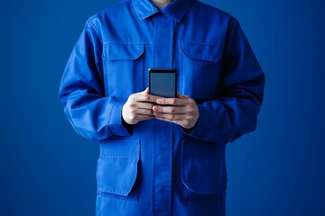 Blue uniform worker holding smartphone image