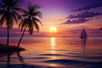 Serene tropical sunset with palm trees and sailboats on the ocean