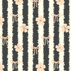 A charming seamless vector pattern with alternating textured stripes, delicate hand-drawn bows, and soft pastel flowers. Ideal for fabric, wallpaper, children's decor, and stylish gift packaging.