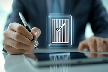 Business professional approving digital barcode with pen approval
