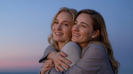 Fototapeta premium Two caucasian adult females embracing outdoors at dusk