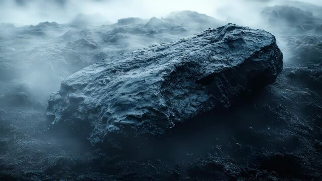 Gloomy, rocky landscape under fog
