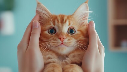 Ginger kitten held by hands orange