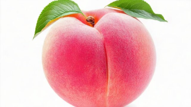 A ripe peach with a leaf sitting on top