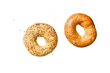 Two delicious bagels with seeds and poppy seeds isolated on transparent background