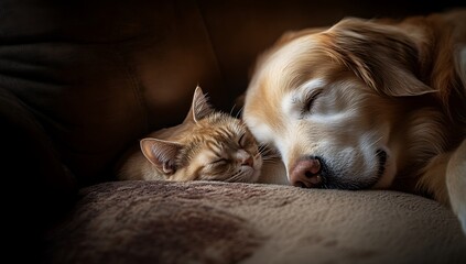 Golden retriever and tabby cat sleeping peacefully together napping resting