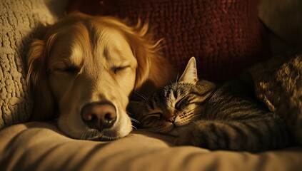 Golden Retriever and tabby cat sleeping peacefully together resting