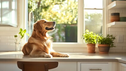 Golden retriever resting on kitchen counter near window animal
