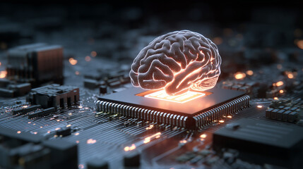 Big data and artificial intelligence concept. Human brain glowing from processor, symbolizing the fusion of human intelligence and machine learning capabilities. Evolution of technology of data