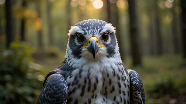 A stunning 4k footage showcases a Northern Goshawk in soft morning light, displaying its gray plumage, white eyebrows, dark eyes, and hooked beak against a blurred forest backdrop.