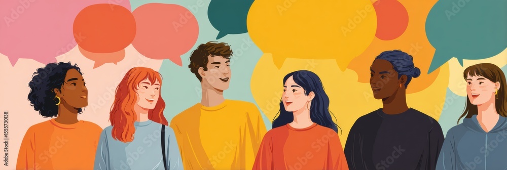 Poster Group of diverse individuals engaging in a conversation focused on mental health awareness in a community setting. Topics include support and understanding.