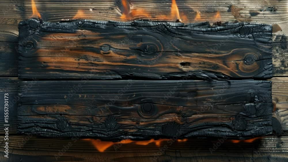 Poster a small section of wood engulfed in flames, perfect for use in scenes where fire is present or neede