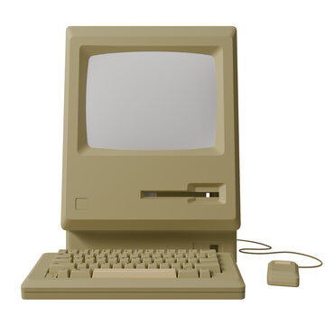 A beige vintage desktop computer with a CRT monitor, integrated keyboard, and a separate mouse.  The design is simple and boxy, characteristic of early personal computing.