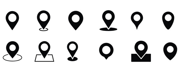 Collection of black location pin pointer icons isolated on white background