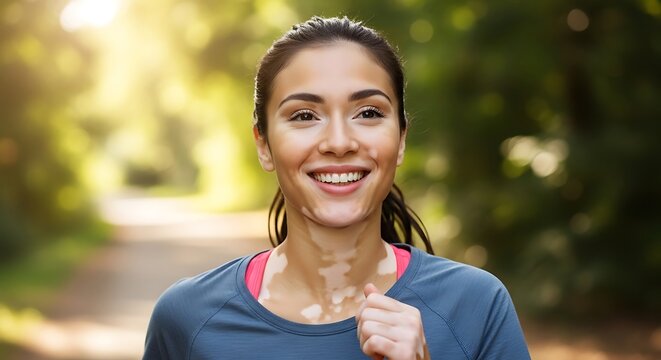 Vitiligo Woman Jogging and Smiling Brightly