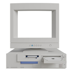 A vintage off-white desktop computer with a large CRT monitor, a floppy disk drive, and a CD-ROM...