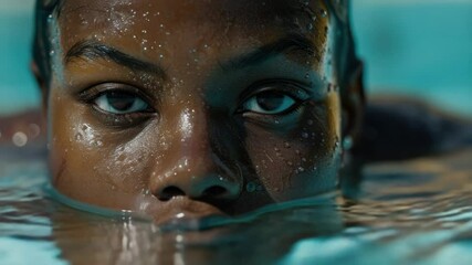 A close-up shot of a person swimming laps in an indoor pool