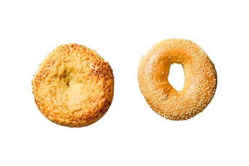 Two different bagels one with sesame seeds and one with cheese isolated on transparent background