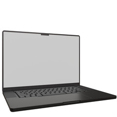 A dark gray laptop with a blank white screen is shown at a slight angle,  its keyboard visible. ...