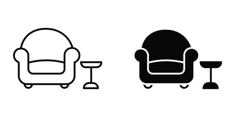  chair and table icons in black and white isolated on white background