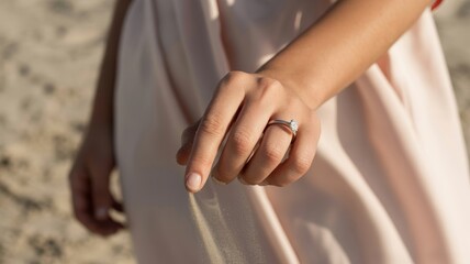 Close-up of female hand with engagement ring on sandy beach
