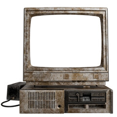 A heavily dust-covered, off-white CRT monitor and CPU unit sit together, showing significant wear...