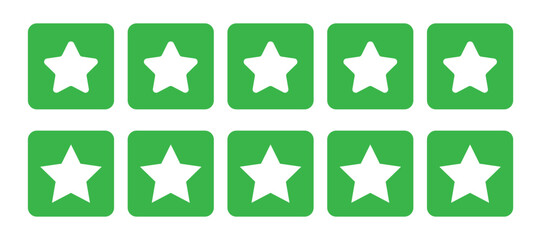 Five white stars on green squares isolated on white background.  Five star review rating symbol. customer feedback icon