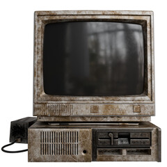A heavily aged, beige CRT monitor and desktop computer system sits against a black background.  The...