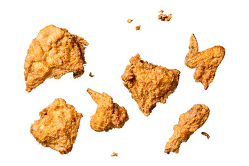 Crispy golden fried chicken tenders arranged on a gray surface isolated on transparent background