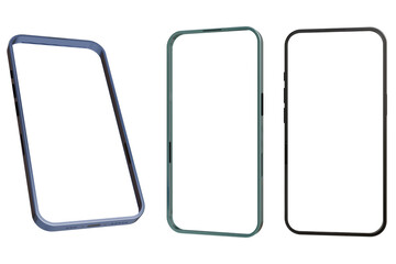 Three smartphone cases, angled, showcasing varying colors and thicknesses of protective frames.  A...