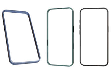Three smartphone cases, angled, showcasing varying colors and thicknesses of protective frames.  A dark-blue, teal, and black case are displayed against