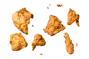 Crispy golden fried chicken tenders arranged on a gray surface isolated on transparent background