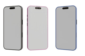 Three smartphones displayed, each in a protective case; dark gray, light pink, and light blue. Cases have subtle rounded edges and a slightly raised camera module. 