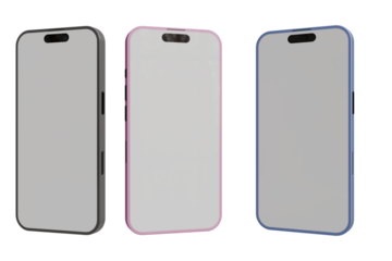 Three smartphones displayed, each in a protective case; dark gray, light pink, and light blue. Cases have subtle rounded edges and a slightly raised camera module. 