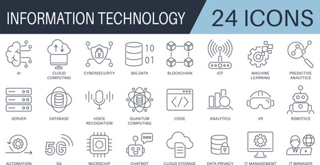Information Technology Icon Set in Outline style. Featuring editable icons for AI, cloud computing, data science, cybersecurity, and more. Ideal for tech, software, and digital use.