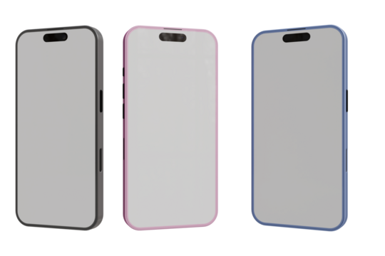 Three smartphones displayed, each in a protective case; dark gray, light pink, and light blue. Cases have subtle rounded edges and a slightly raised camera module. 