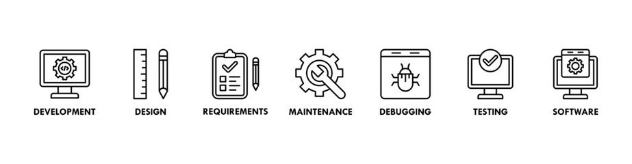 Agile banner web icon vector illustration concept with icon of development, design, requirements, maintenance, debugging, testing and software