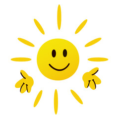 A cheerful yellow sun with a smiling face and rays extending outward. The design is simple and playful, suitable for children's themes or summer concepts.